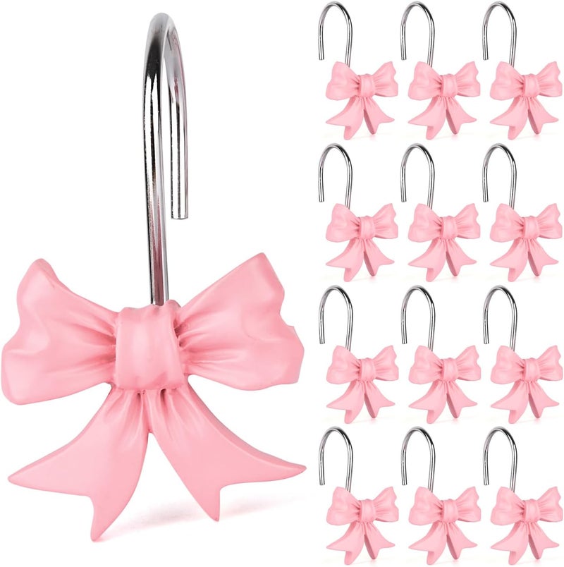 EVOOKA 12pcs Bow Knot Shower Curtain Hooks,Home Decorative Shower Curtain Rings for Bathroom,Resin Shower Curtain Hangers Bathroom Accessories (Pink) - Image 1